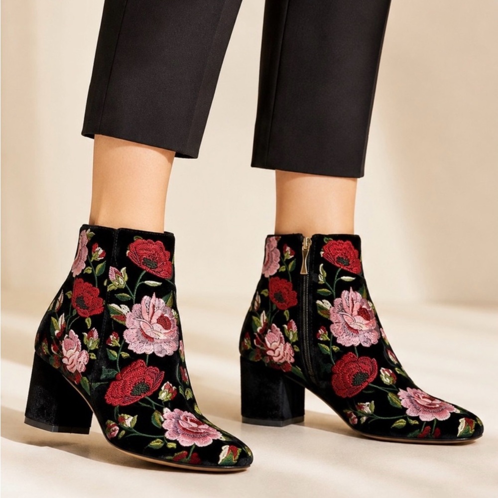 Kate spade Embroidered Floral Velvet Ankle Boots - Black with Red & Pink Flowers